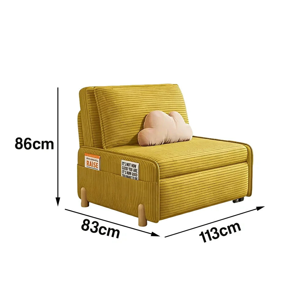 LIVARA 77/113cm Sofa Bed, Sit Lounge Sleep Design, Soft Corduroy Upholstery, Steel Frame, Dual Side Storage Pockets - Yellow - Image 6