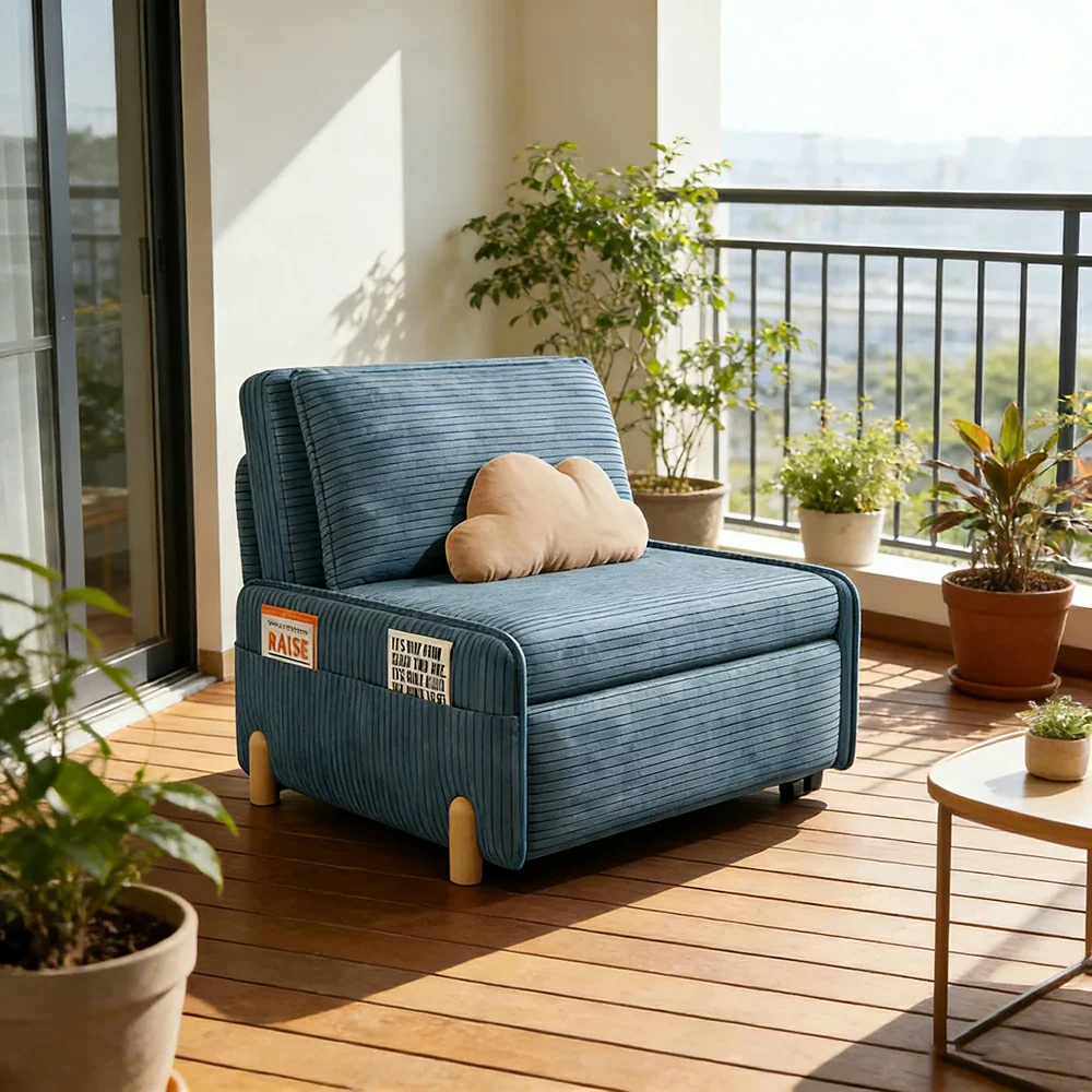 LIVARA 77/113cm Sofa Bed, Sit Lounge Sleep Design, Soft Corduroy Upholstery, Steel Frame, Dual Side Storage Pockets - Blue - Image 2