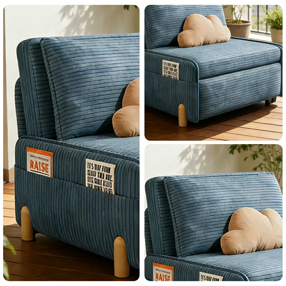 LIVARA 77/113cm Sofa Bed, Sit Lounge Sleep Design, Soft Corduroy Upholstery, Steel Frame, Dual Side Storage Pockets - Blue - Image 3