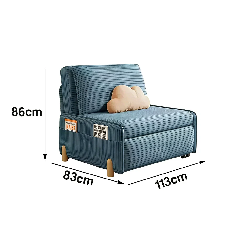 LIVARA 77/113cm Sofa Bed, Sit Lounge Sleep Design, Soft Corduroy Upholstery, Steel Frame, Dual Side Storage Pockets - Blue - Image 6