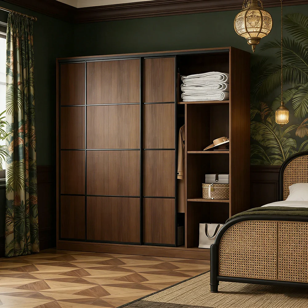 LIVARA 180/200cm Sliding Door Wardrobe - 3 Drawer Storage with Heavy-Duty Hanging Rail, Raised Base Design & Smooth Soft-Close System - Walnut - Image 4