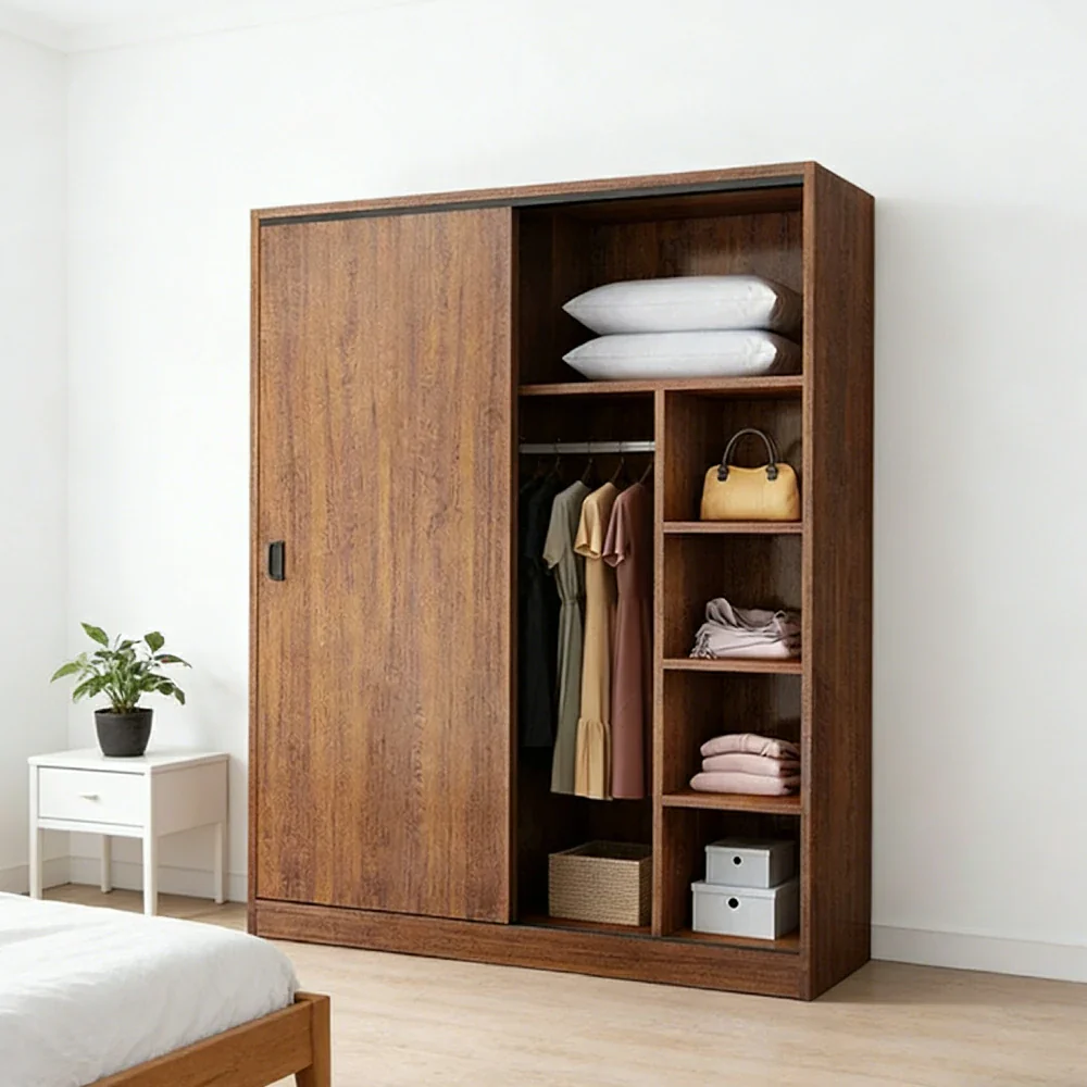LIVARA 80/120/160cm Sliding Door Wardrobe - Quiet Glide Track System, High-Density MDF Construction, Spacious Storage with Solid Timber Rail - Walnut - Image 12
