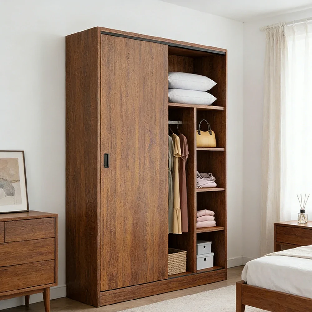 LIVARA 80/120/160cm Sliding Door Wardrobe - Quiet Glide Track System, High-Density MDF Construction, Spacious Storage with Solid Timber Rail - Walnut - Image 9