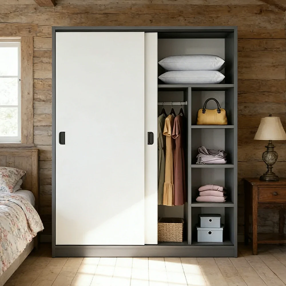 LIVARA 100/120cm Sliding Door Wardrobe - Quiet Glide Track System, High-Density MDF Construction, Spacious Storage with Solid Timber Rail - Black&White - Image 7