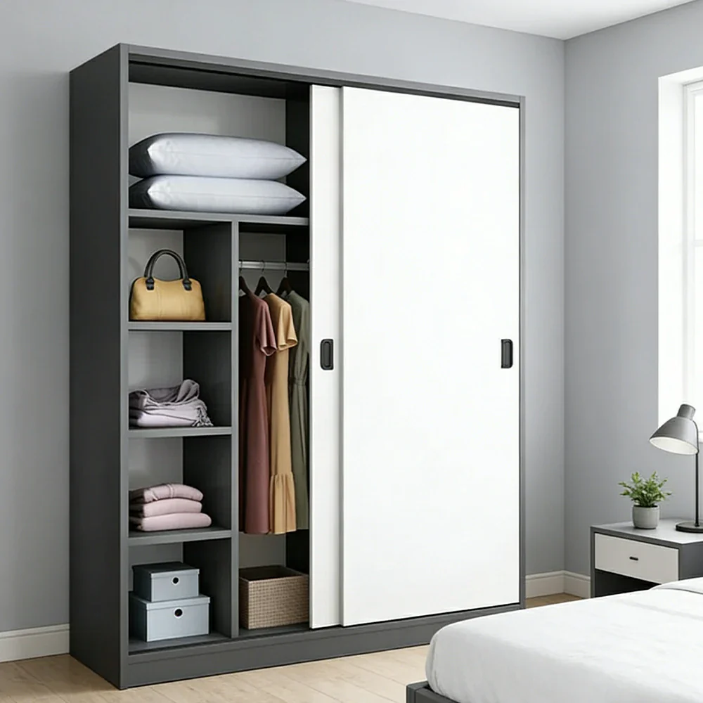 LIVARA 100/120cm Sliding Door Wardrobe - Quiet Glide Track System, High-Density MDF Construction, Spacious Storage with Solid Timber Rail - Black&White - Image 9