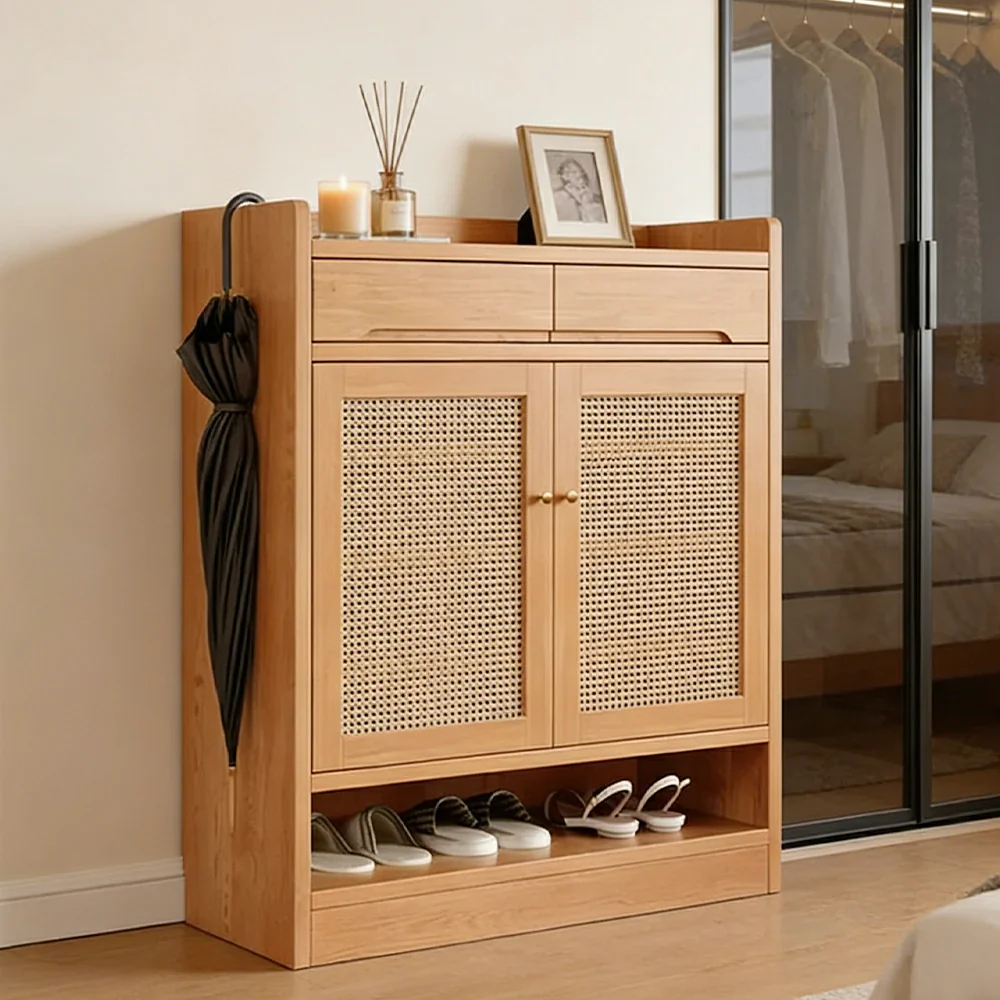 LIVARA 80cm Freestanding Shoe Cabinet with PVC Woven Doors - Breathable Moisture-Resistant Design, Spacious Multi-Tier Storage, Copper Handles - Image 2