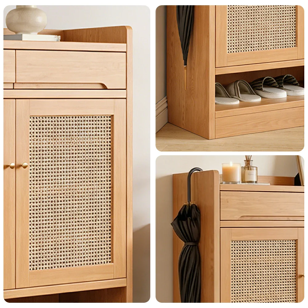 LIVARA 80cm Freestanding Shoe Cabinet with PVC Woven Doors - Breathable Moisture-Resistant Design, Spacious Multi-Tier Storage, Copper Handles - Image 3