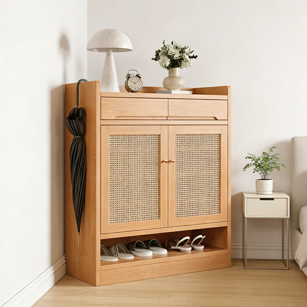 LIVARA 80cm Freestanding Shoe Cabinet with PVC Woven Doors - Breathable Moisture-Resistant Design, Spacious Multi-Tier Storage, Copper Handles - Image 4