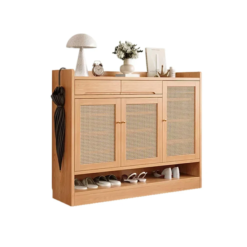 LIVARA 110cm Freestanding Shoe Cabinet with PVC Woven Doors - Breathable Moisture-Resistant Design, Spacious Multi-Tier Storage, Copper Handles