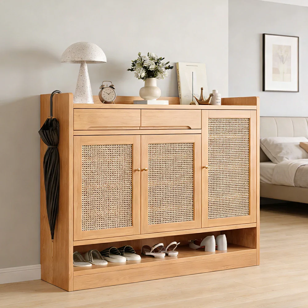 LIVARA 110cm Freestanding Shoe Cabinet with PVC Woven Doors - Breathable Moisture-Resistant Design, Spacious Multi-Tier Storage, Copper Handles - Image 2