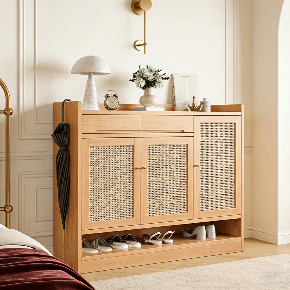 LIVARA 110cm Freestanding Shoe Cabinet with PVC Woven Doors - Breathable Moisture-Resistant Design, Spacious Multi-Tier Storage, Copper Handles - Image 4