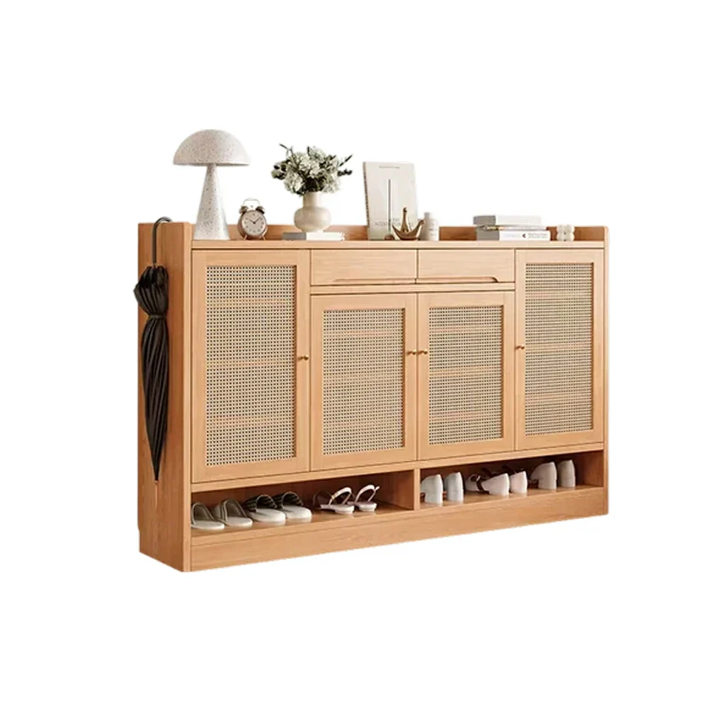 LIVARA 120/140cm Freestanding Shoe Cabinet with PVC Woven Doors - Breathable Moisture-Resistant Design, Spacious Multi-Tier Storage, Copper Handles