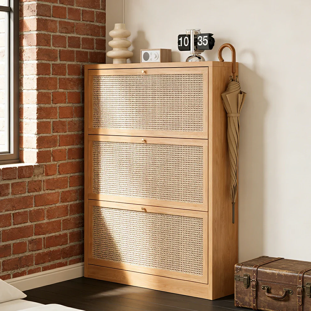 LIVARA 68/88cm Flip-Drawer Shoe Cabinet with PVC Woven Doors - Breathable Moisture-Resistant Design, Multi-Tier Storage, Copper Handles - Image 2