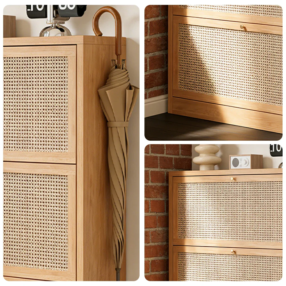 LIVARA 68/88cm Flip-Drawer Shoe Cabinet with PVC Woven Doors - Breathable Moisture-Resistant Design, Multi-Tier Storage, Copper Handles - Image 3