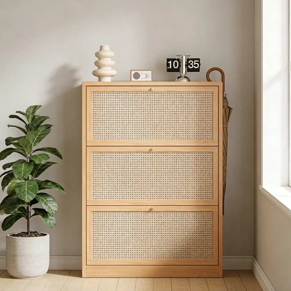 LIVARA 68/88cm Flip-Drawer Shoe Cabinet with PVC Woven Doors - Breathable Moisture-Resistant Design, Multi-Tier Storage, Copper Handles - Image 4