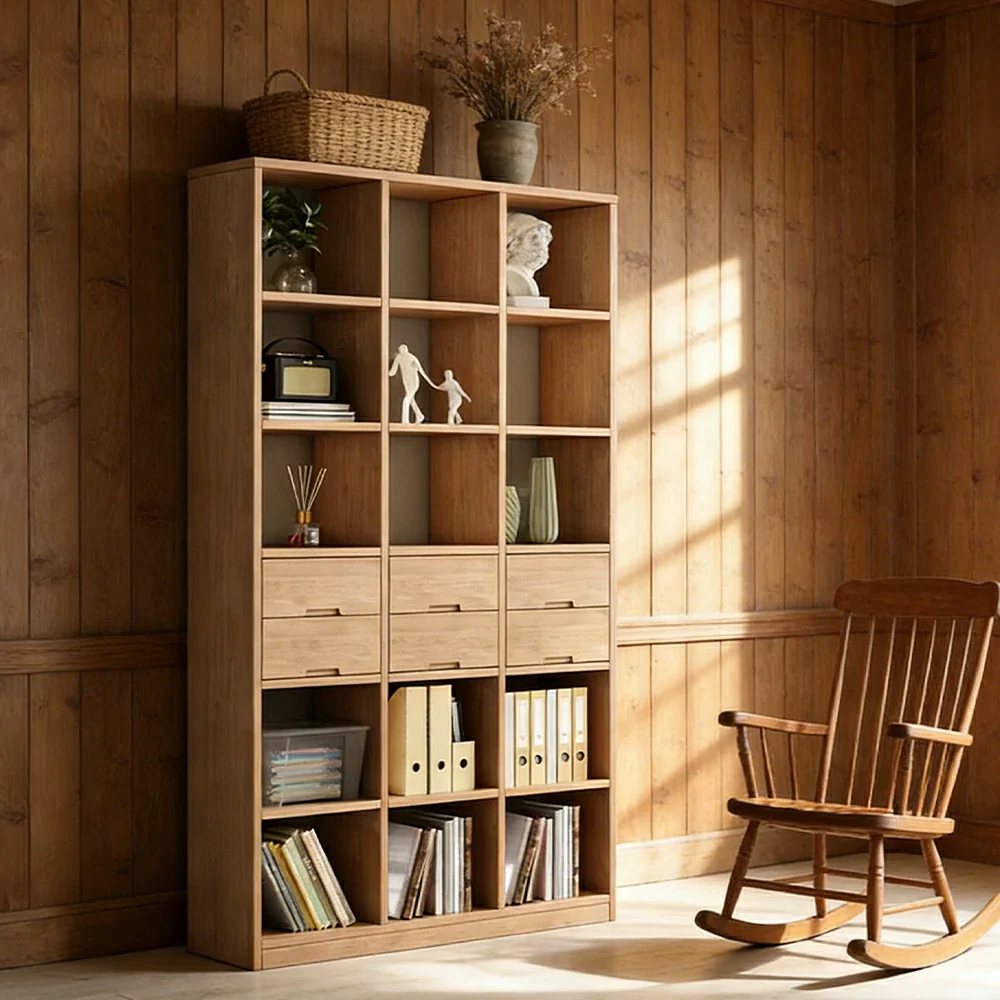 LIVARA 80/120cm Bookcase - Multi-Drawer Organised Design with Solid Pine Wood Frame, Smooth Metal Runners & Space-Saving Groove Handles - Image 9
