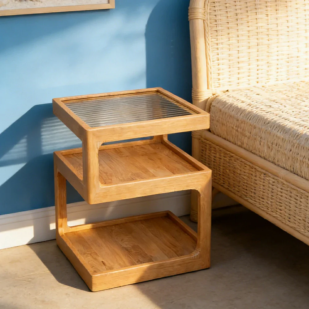 LIVARA 40/45cm Bedside Table - 3-Tier Open Storage with Solid Wood Frame, Tempered Glass Top & Compact Space-Saving Design - Wood - Image 2