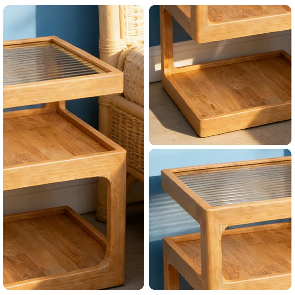 LIVARA 40/45cm Bedside Table - 3-Tier Open Storage with Solid Wood Frame, Tempered Glass Top & Compact Space-Saving Design - Wood - Image 3