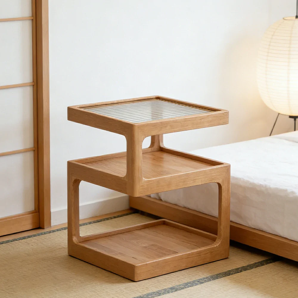 LIVARA 40/45cm Bedside Table - 3-Tier Open Storage with Solid Wood Frame, Tempered Glass Top & Compact Space-Saving Design - Wood - Image 4