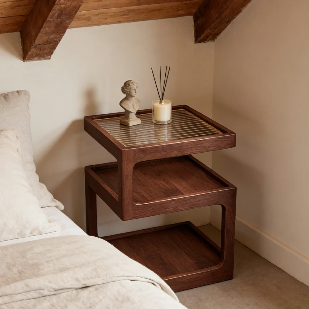 LIVARA 40/45cm Bedside Table - 3-Tier Open Storage with Solid Wood Frame, Tempered Glass Top & Compact Space-Saving Design - Walnut - Image 2