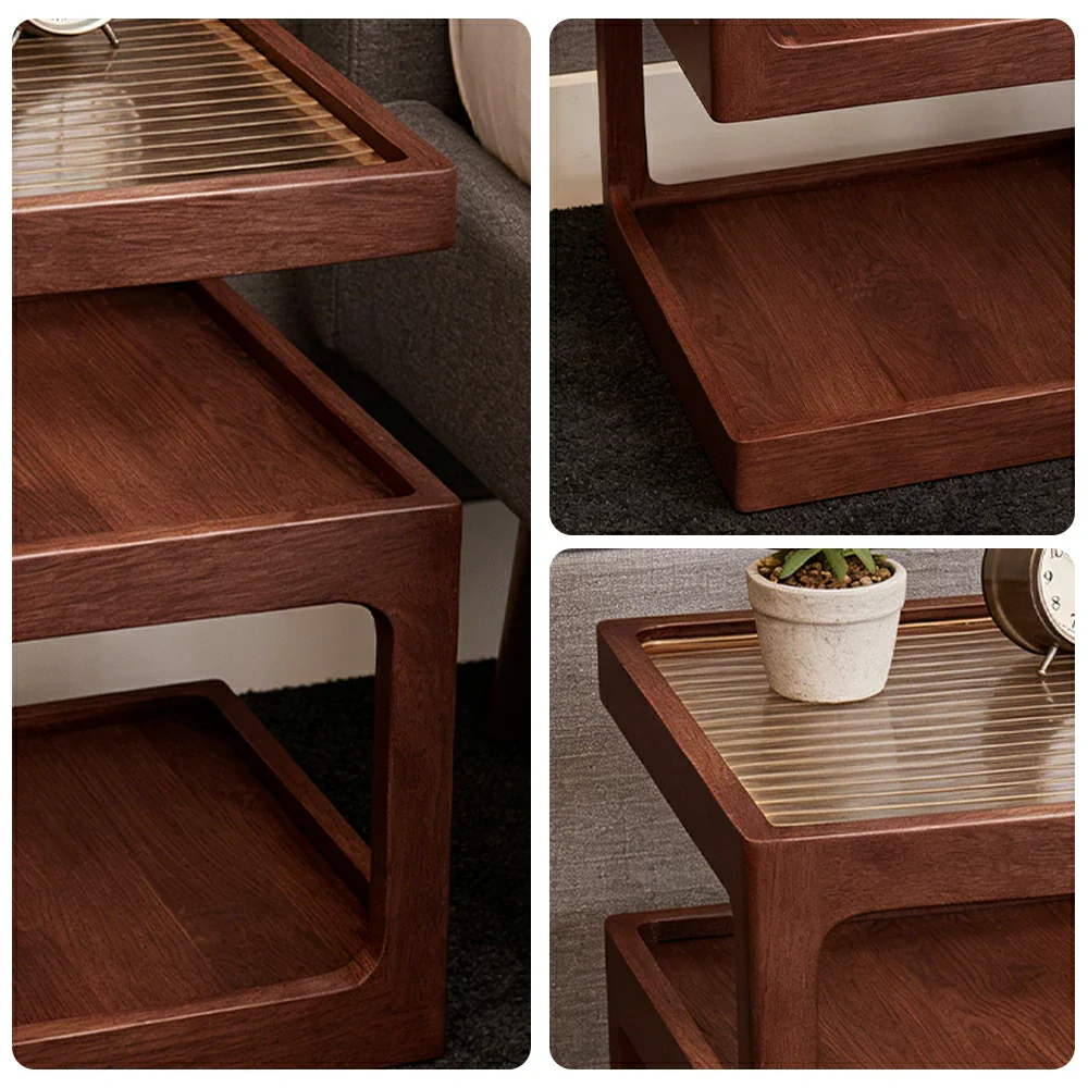 LIVARA 40/45cm Bedside Table - 3-Tier Open Storage with Solid Wood Frame, Tempered Glass Top & Compact Space-Saving Design - Walnut - Image 3