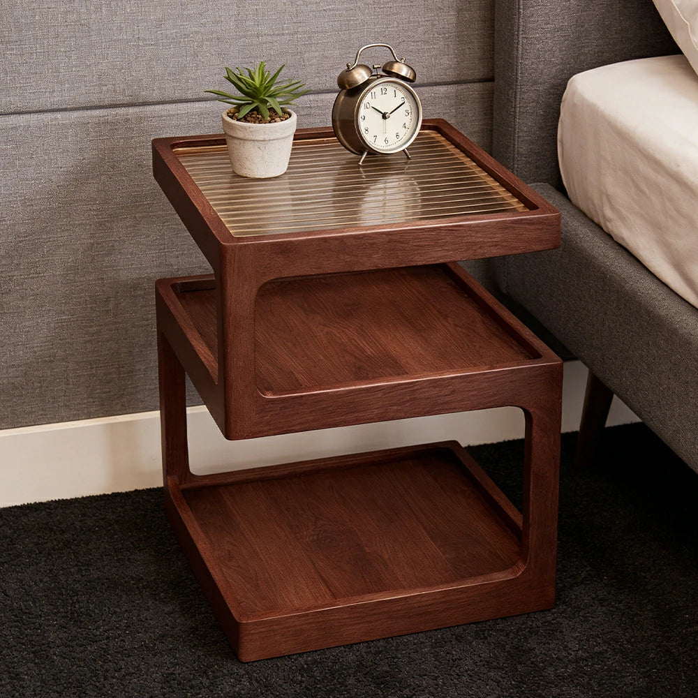 LIVARA 40/45cm Bedside Table - 3-Tier Open Storage with Solid Wood Frame, Tempered Glass Top & Compact Space-Saving Design - Walnut - Image 4