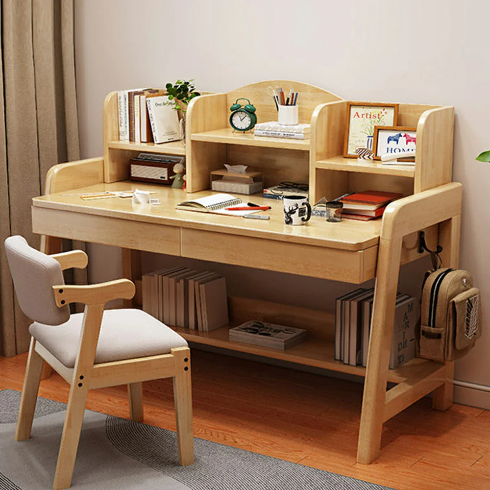 LIVARA Adjustable Solid Wood Study Desk - 80/100/120cm Height Adjustable Learning Table with Storage Shelf for Kids & Teens - Natural Wood - Image 2