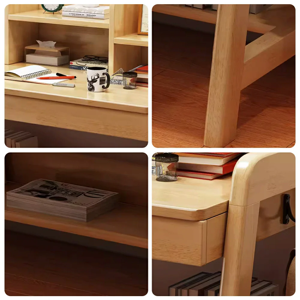 LIVARA Adjustable Solid Wood Study Desk - 80/100/120cm Height Adjustable Learning Table with Storage Shelf for Kids & Teens - Natural Wood - Image 3