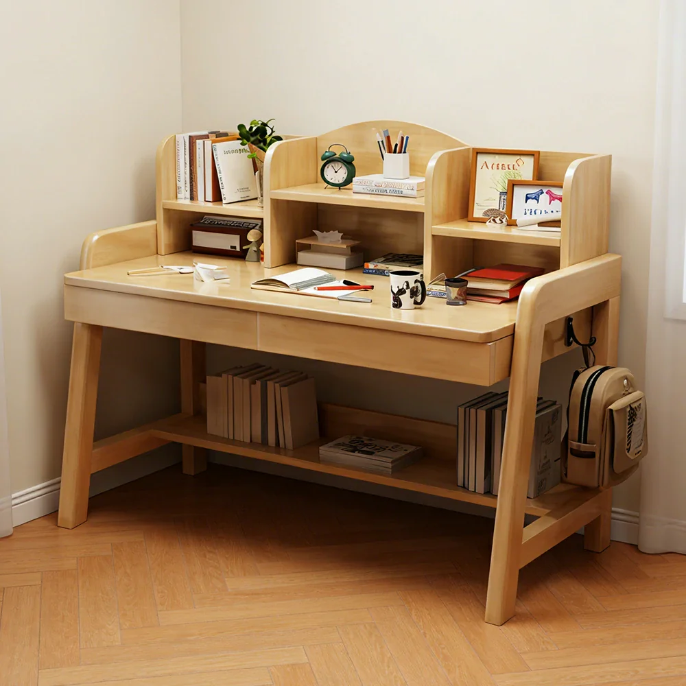 LIVARA Adjustable Solid Wood Study Desk - 80/100/120cm Height Adjustable Learning Table with Storage Shelf for Kids & Teens - Natural Wood - Image 4