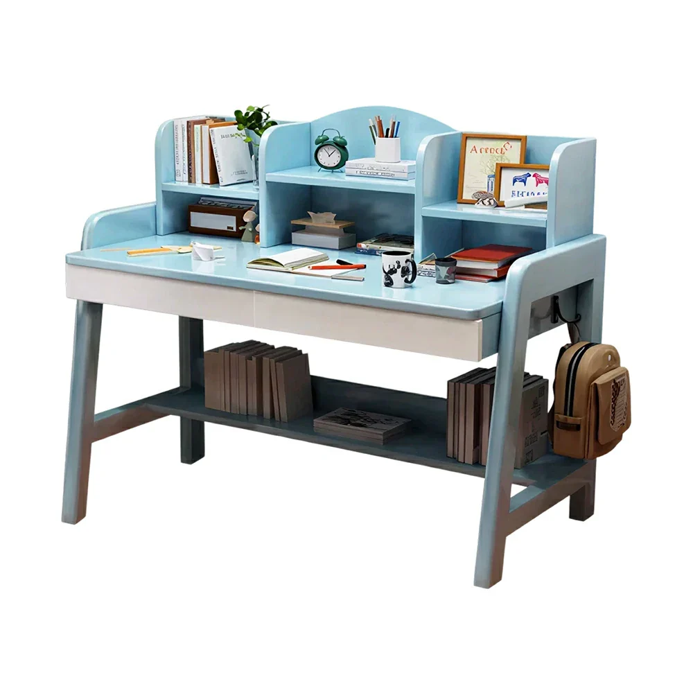 LIVARA Adjustable Solid Wood Study Desk - 80/100/120cm Height Adjustable Learning Table with Storage Shelf for Kids & Teens - Blue & White