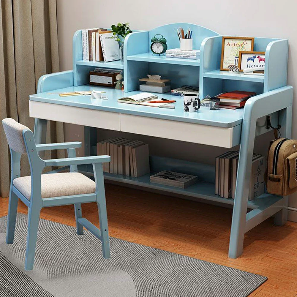 LIVARA Adjustable Solid Wood Study Desk - 80/100/120cm Height Adjustable Learning Table with Storage Shelf for Kids & Teens - Blue & White - Image 2