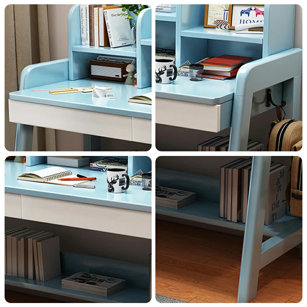 LIVARA Adjustable Solid Wood Study Desk - 80/100/120cm Height Adjustable Learning Table with Storage Shelf for Kids & Teens - Blue & White - Image 3