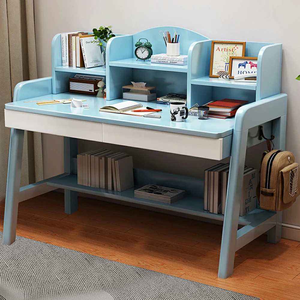 LIVARA Adjustable Solid Wood Study Desk - 80/100/120cm Height Adjustable Learning Table with Storage Shelf for Kids & Teens - Blue & White - Image 4
