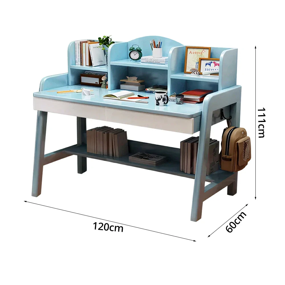LIVARA Adjustable Solid Wood Study Desk - 80/100/120cm Height Adjustable Learning Table with Storage Shelf for Kids & Teens - Blue & White - Image 7