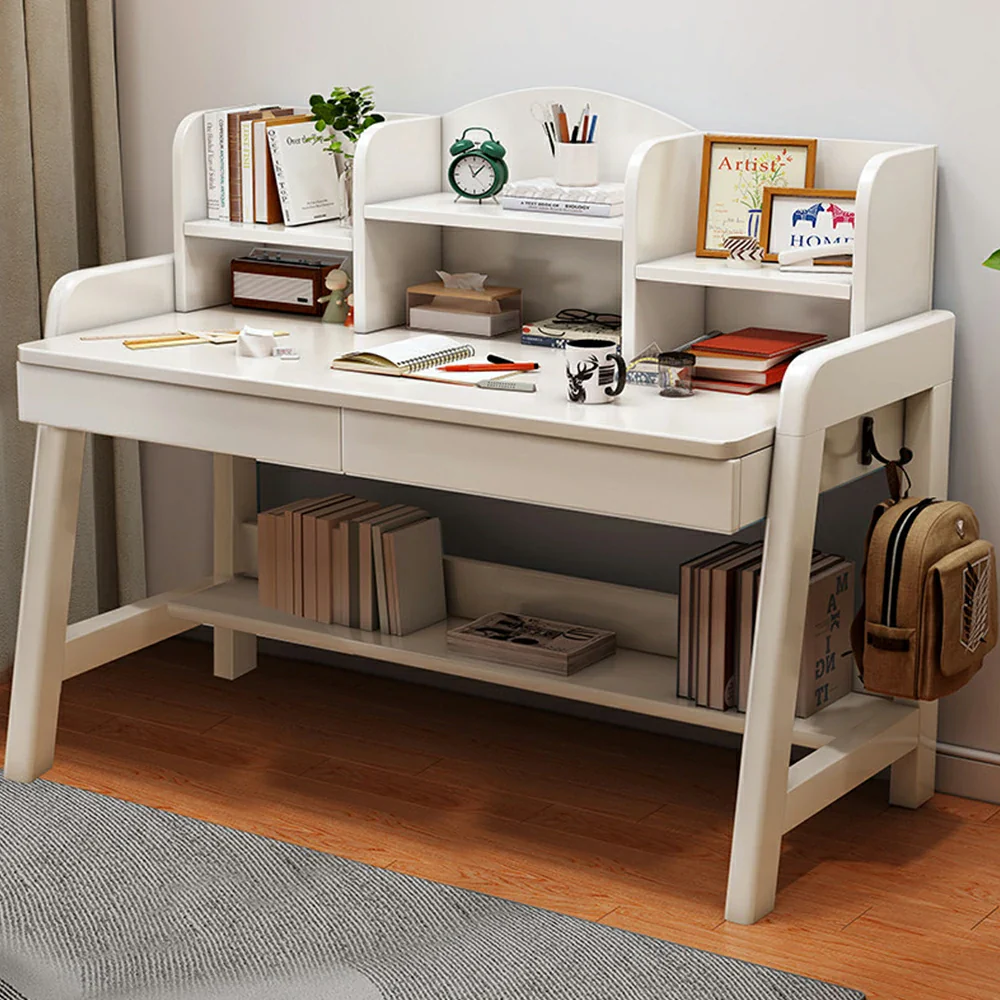 LIVARA Adjustable Solid Wood Study Desk - 80/100/120cm Height Adjustable Learning Table with Storage Shelf for Kids & Teens - White - Image 2