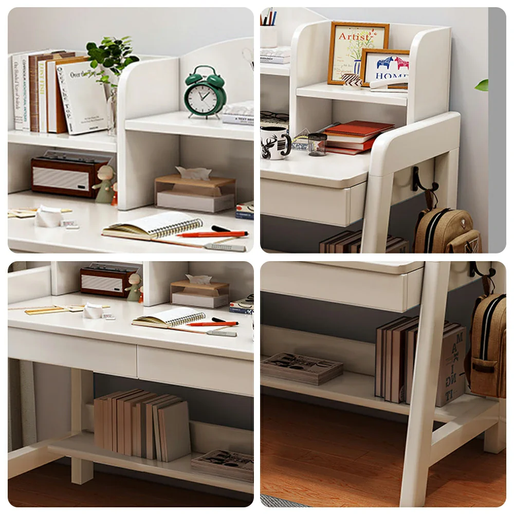 LIVARA Adjustable Solid Wood Study Desk - 80/100/120cm Height Adjustable Learning Table with Storage Shelf for Kids & Teens - White - Image 3