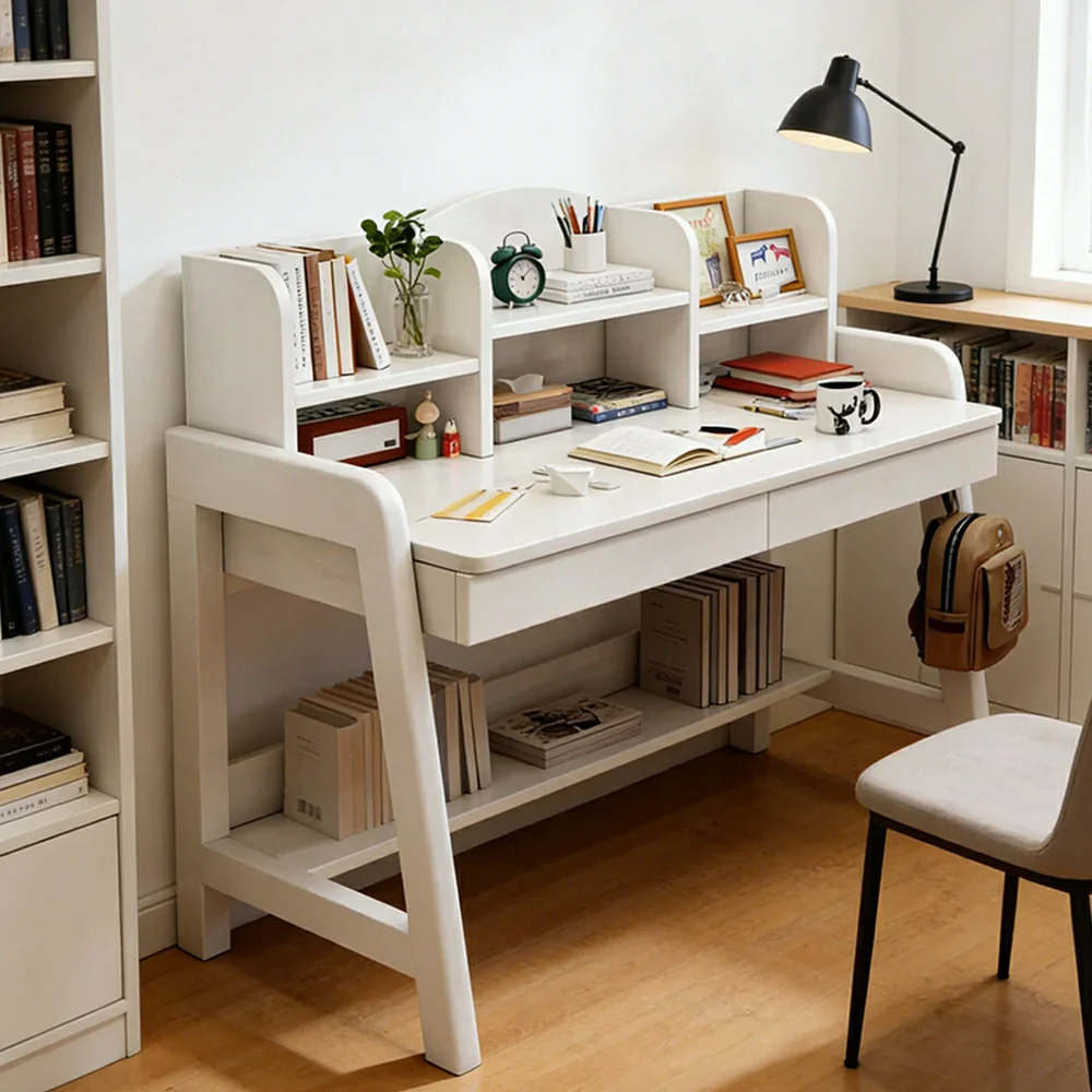 LIVARA Adjustable Solid Wood Study Desk - 80/100/120cm Height Adjustable Learning Table with Storage Shelf for Kids & Teens - White - Image 4