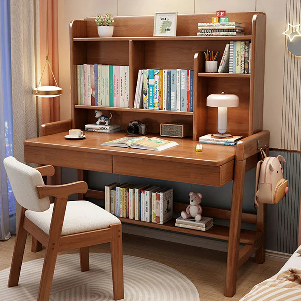 LIVARA Adjustable Solid Wood Study Desk - 80/100/120cm Height Adjustable Kids Learning Table with Storage Shelf - Walnut - Image 2