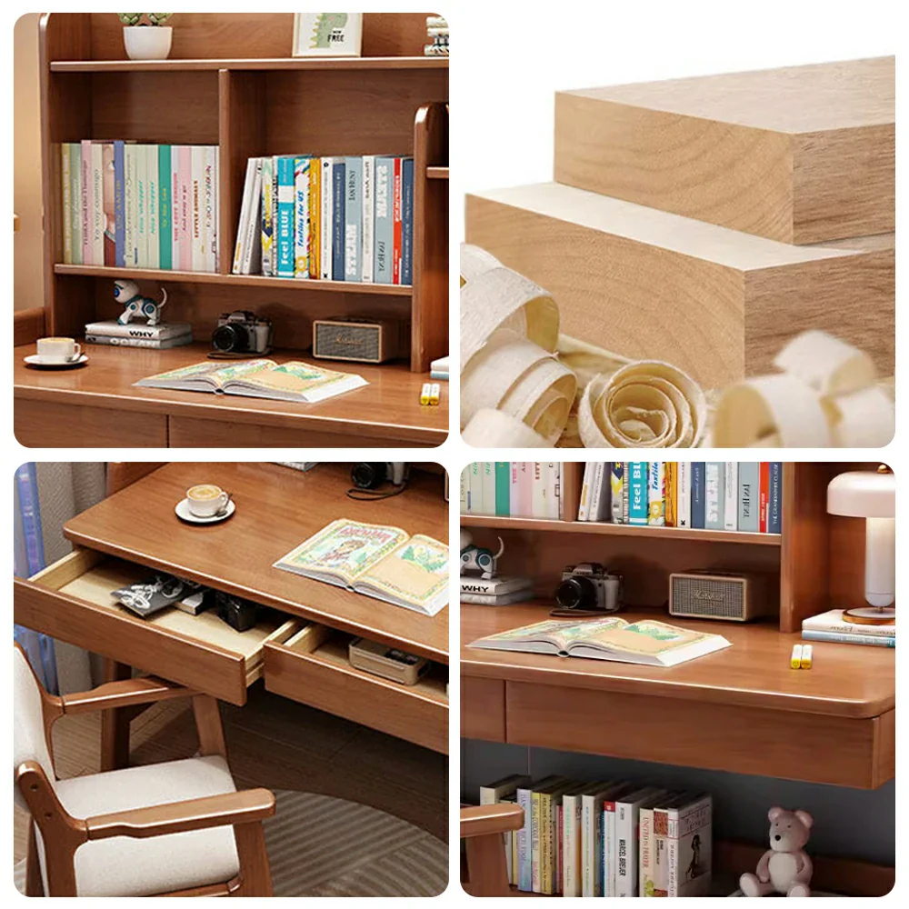 LIVARA Adjustable Solid Wood Study Desk - 80/100/120cm Height Adjustable Kids Learning Table with Storage Shelf - Walnut - Image 3
