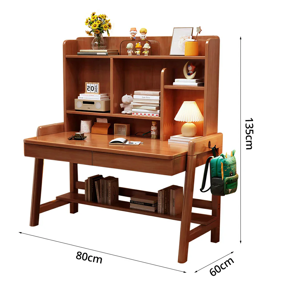 LIVARA Adjustable Solid Wood Study Desk - 80/100/120cm Height Adjustable Kids Learning Table with Storage Shelf - Walnut - Image 5