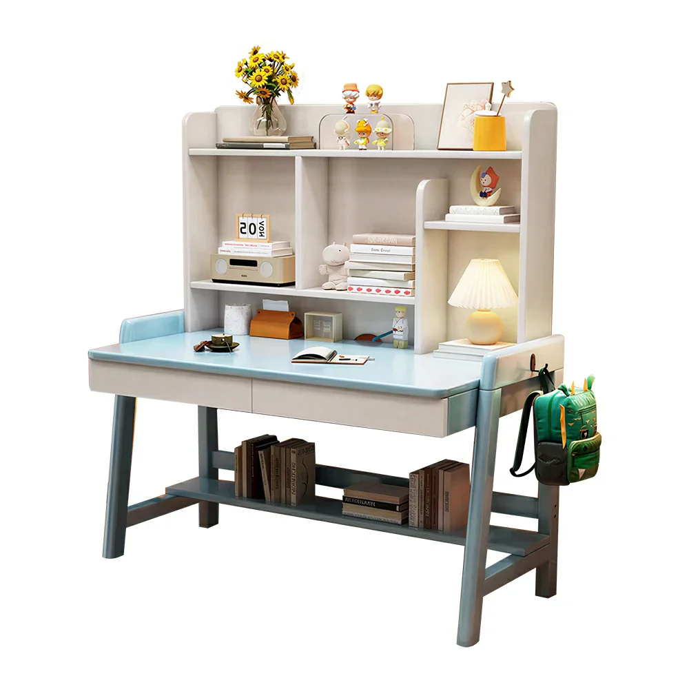 LIVARA Adjustable Solid Wood Study Desk - 80/100/120cm Height Adjustable Kids Learning Table with Storage Shelf - Blue & White