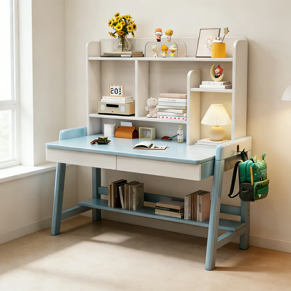 LIVARA Adjustable Solid Wood Study Desk - 80/100/120cm Height Adjustable Kids Learning Table with Storage Shelf - Blue & White - Image 2