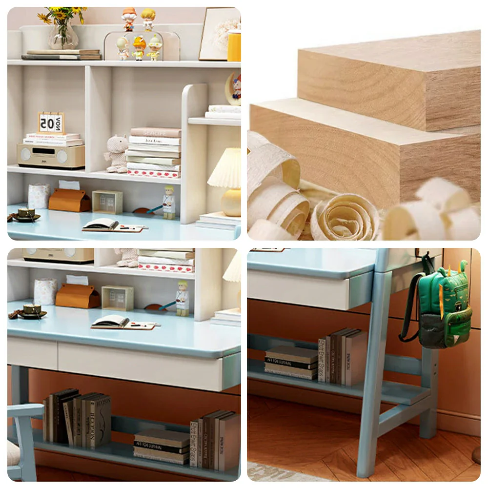 LIVARA Adjustable Solid Wood Study Desk - 80/100/120cm Height Adjustable Kids Learning Table with Storage Shelf - Blue & White - Image 3