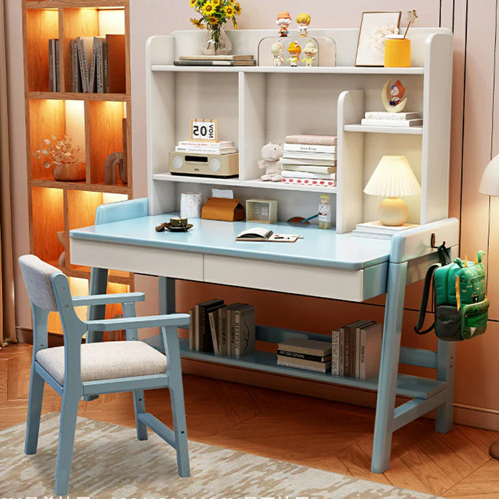 LIVARA Adjustable Solid Wood Study Desk - 80/100/120cm Height Adjustable Kids Learning Table with Storage Shelf - Blue & White - Image 4