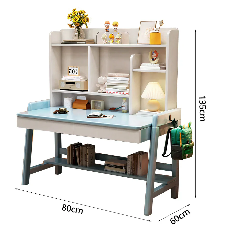 LIVARA Adjustable Solid Wood Study Desk - 80/100/120cm Height Adjustable Kids Learning Table with Storage Shelf - Blue & White - Image 5