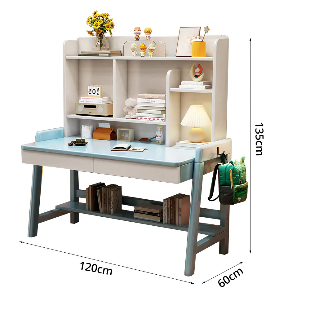 LIVARA Adjustable Solid Wood Study Desk - 80/100/120cm Height Adjustable Kids Learning Table with Storage Shelf - Blue & White - Image 7