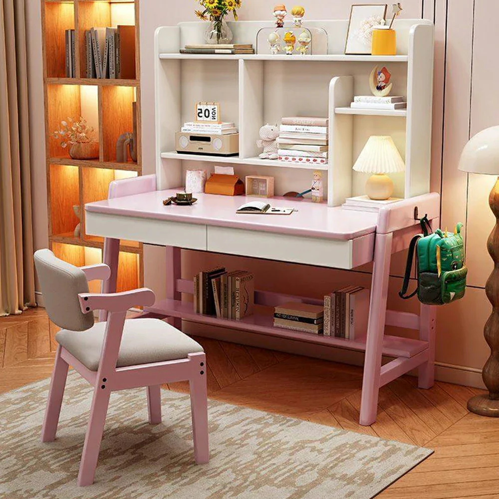 LIVARA Adjustable Solid Wood Study Desk - 80/100/120cm Height Adjustable Kids Learning Table with Storage Shelf - Pink & White - Image 2
