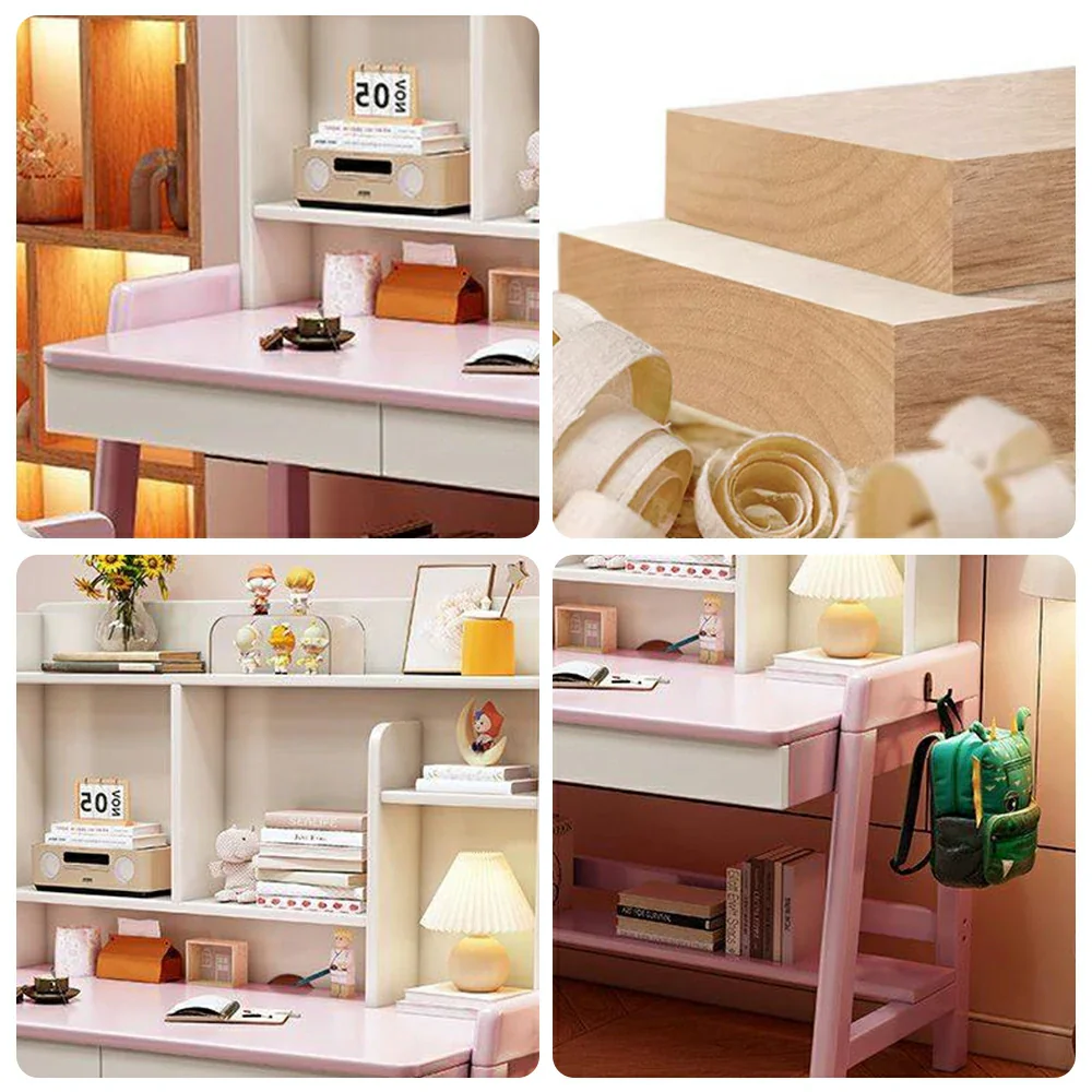 LIVARA Adjustable Solid Wood Study Desk - 80/100/120cm Height Adjustable Kids Learning Table with Storage Shelf - Pink & White - Image 3