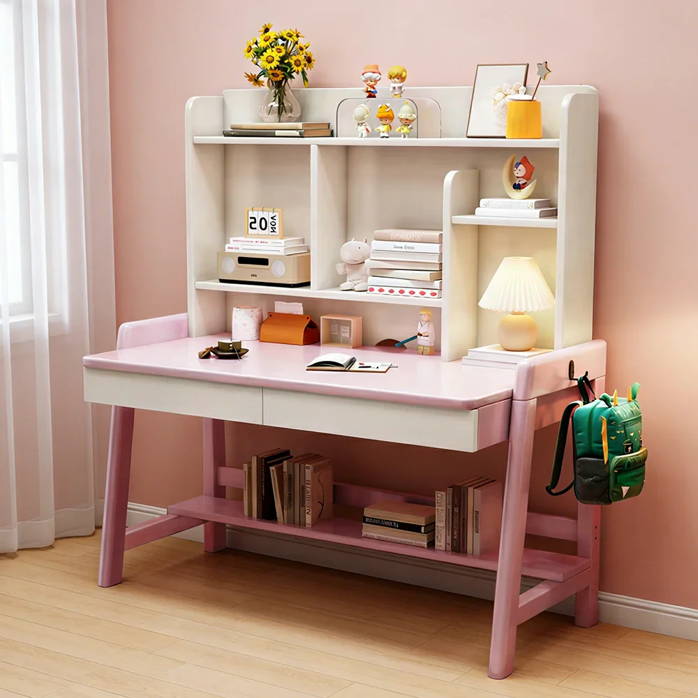 LIVARA Adjustable Solid Wood Study Desk - 80/100/120cm Height Adjustable Kids Learning Table with Storage Shelf - Pink & White - Image 4
