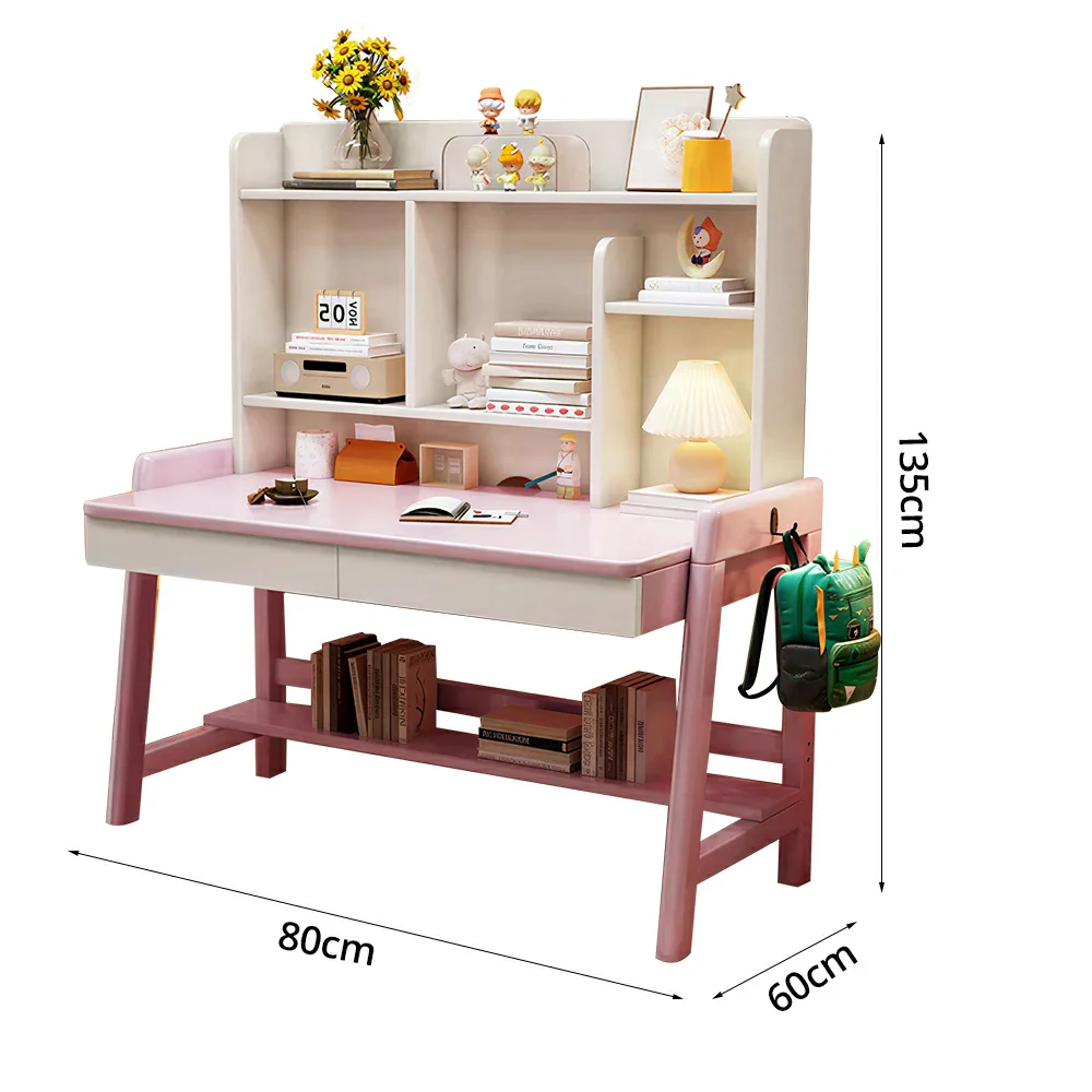 LIVARA Adjustable Solid Wood Study Desk - 80/100/120cm Height Adjustable Kids Learning Table with Storage Shelf - Pink & White - Image 5